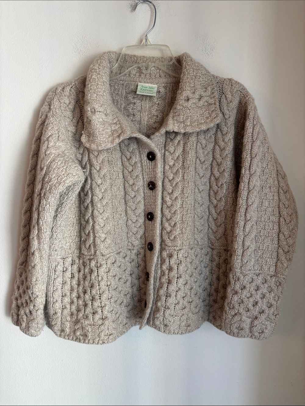Aran Isles wool handmade Handknit Cable Button-Up Cardigan Jacket Beige Womens M